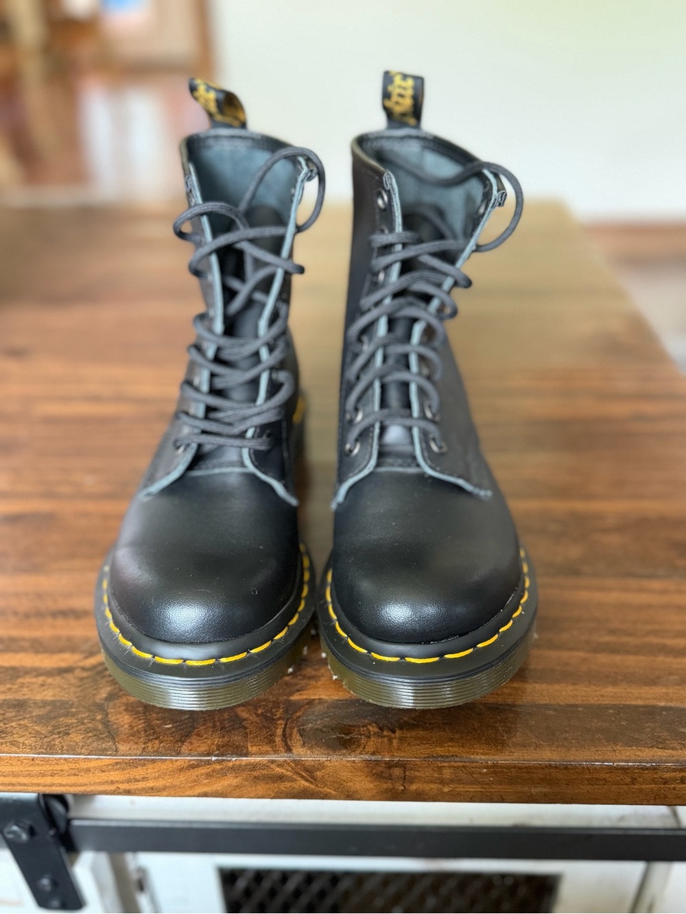 Dr. Martens Kids Black Lace-Up Boots with Yellow Stitching